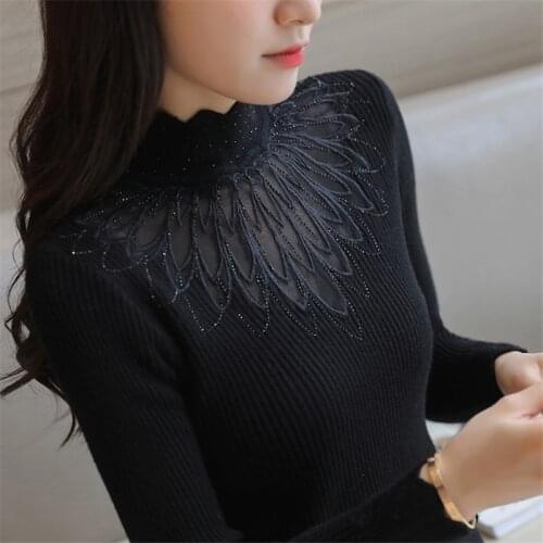 High Elastic Knitted Sweater Women 2019 Autumn Winter Lace Patchwork Long Sleeve Women Sweaters And Pullovers Female Pull Femme