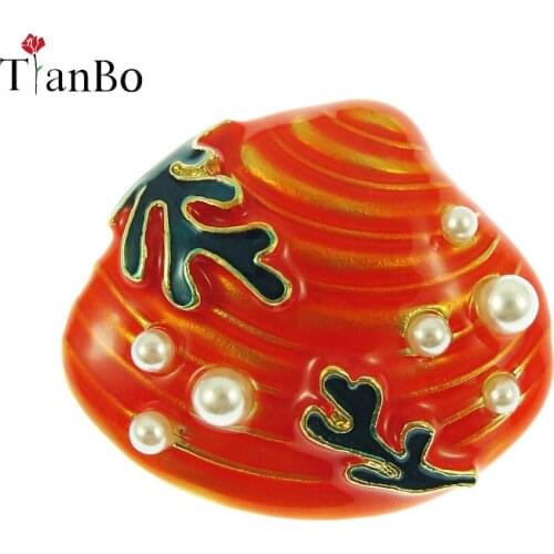 TianBo Cute Unique Design New Fashion Enamel Jewelry Small Simulated Pearl Coral Shell Brooches Women Accessories Shirt Pins