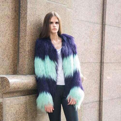 Stylish Gradual Contrast Color Long Hairy Shaggy Faux Fur Coat Autumn Winter Women O Neck Faux Fur Jackets Mid Long Outerwear