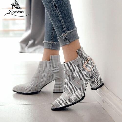 Sgesvier 2020 Large Size Women Boots Fashion Plaid Pointed Toe High Heels Womens Shoes Sexy Autumn Winter Ankle Boots female