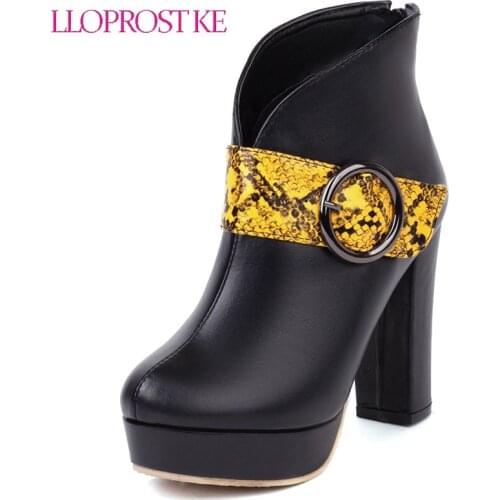 Lloprost ke Womens Platform Belt Buckle Ankle Boots Block High Heel Shoes Punk Motorcycle Snake Pattern 5 Colors Big Size 47 48