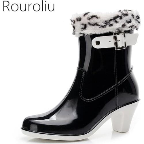 Rouroliu Women Fashion High Heels Rain Boots Mid-calf Buckle Rainboots Waterproof Water Shoes Woman Warm Socks TR140