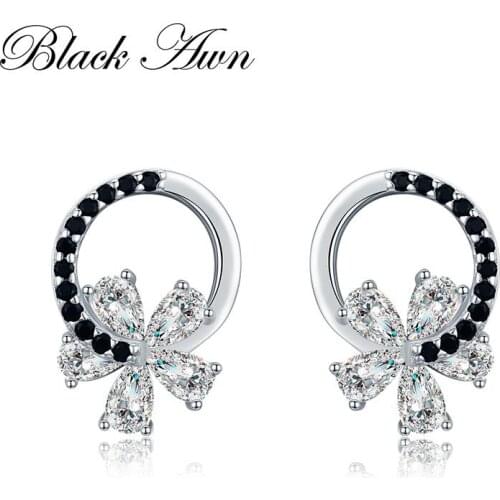 SODROV 2019 New Genuine 925 Sterling Silver Jewelry Black Spinel Stone Popular Flower Engagement Stud Earrings for Women I001