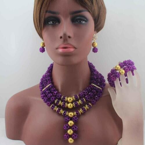 New Latest Nigerian Party Beads Choker Necklace women statement Purple Crystal African Beads Jewelry Sets Free Shipping W14017