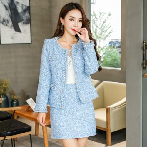 2019 Autumn High Quality Women Two Piece Outfits Handmade Beaded Short Tweed Coat Jacket And Bodycon Skirt Suit 2 Piece Sets