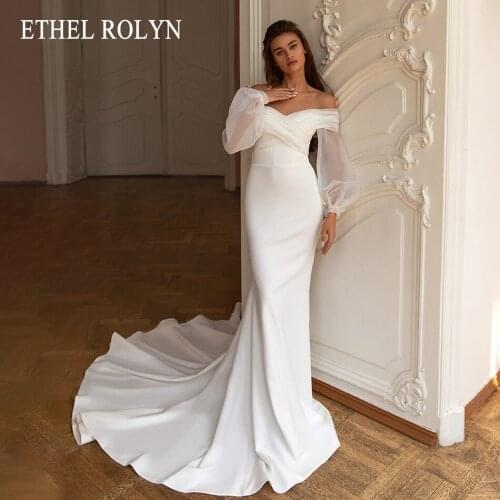 ETHEL ROLYN Mermaid Wedding Dress 2021 With Folden Sweetheart Neckline Off The Shoulder Bridal Puff Sleeve Satin Bride Gown