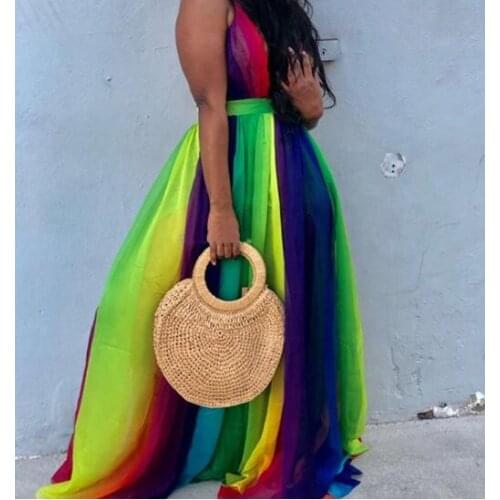 Summer Womens Deep V-neck Sexy Dresses Backless Spaghetti Strap Sling Gradient Chiffon Mid-waist Pleated Dress Floor Length