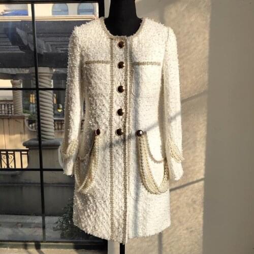 2021 Fall/winter high quality pearls beading tweed fashion women elegant O-neck coat B032