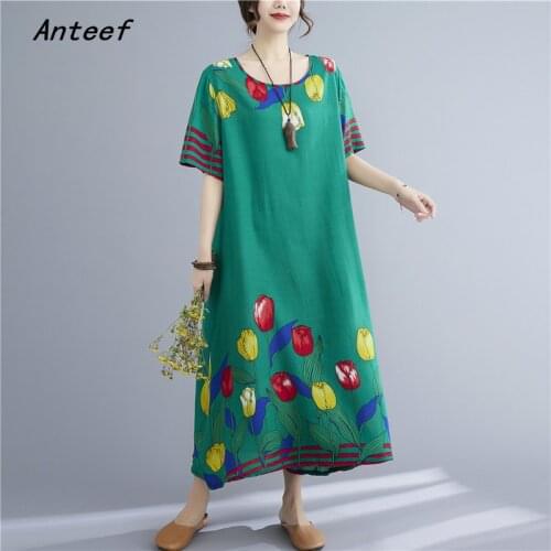 Short sleeve cotton vintage floral dresses for women casual loose long woman summer dress elegant clothes 2021