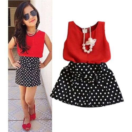 2016 Temperament Chiffon Tops+Bowknot Dot Skirt Clothes Girls Baby Kids Outfits Set girls clothing sets baby girl clothes