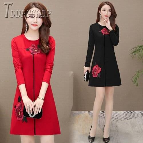 2019 Round Neck Mini Women Dress Autumn Flower Female Bottoming Dresses