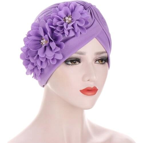 2021 Women Flowers Ruffle Turban Caps Muslim Elastic Pearls Headscarf Bonnet Ladies Hair Accessories Indian Cap Turbante Mujer