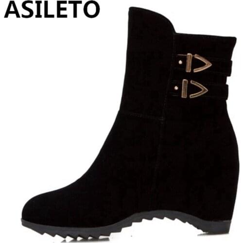 ASILETO Women Boots Wedges Round toe Buckle Flock Ankle boots for women Zipper Solid Female mujer Casual Sweet Increased S2400