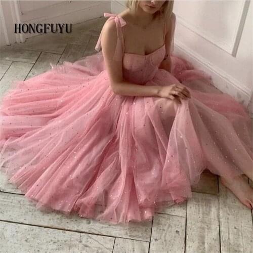 Hongfuyu Shiny Fairy Prom Dresses Sweetheart Pink Tulle Tea Length Wedding Party Gown Short Graduation Robes de cocktail 2021