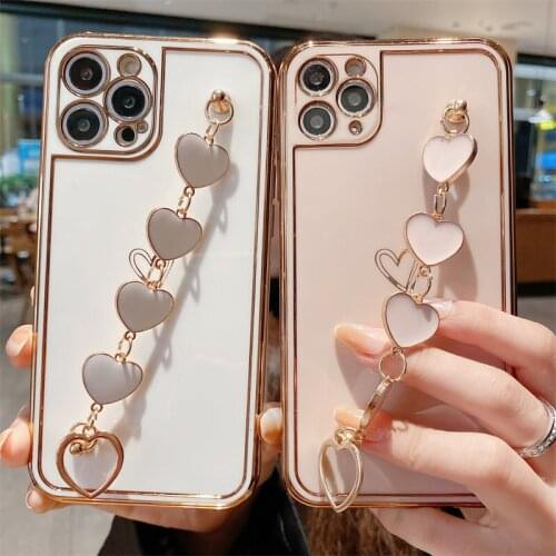 Luxury Plated Gold Electroplated Phone Case For iPhone 11 12 Pro Max XR X XS Max 7 8Plus Love Heart Wrist Strap Chain Soft Cover