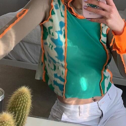 Tie Dye Colorblock Crop Top Long Sleeve WomenS T-Shirts Y2K Aesthetic Clothes Patchwork Turtleneck Gothic Top Autumn Shirts