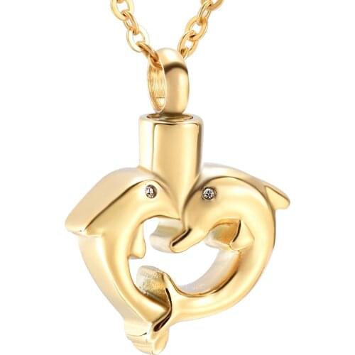 IJD3600 Trendy Two Dolphins Love Heart Stainless Steel Colorful Cremation Memorial Jewelry Hold Ashes Keepsake Urn Necklace
