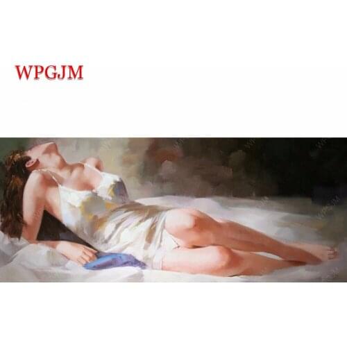 Figure Oil Paintings For Living Room Wall.White dress the beauty lying in bed.Handpainted Unframed canvas art.Free Shipping