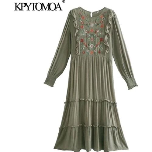 KPYTOMOA Women 2021 Chic Fashion Floral Embroidery Ruffled Midi Dress Vintage Long Sleeve Back Zipper Female Dresses Mujer