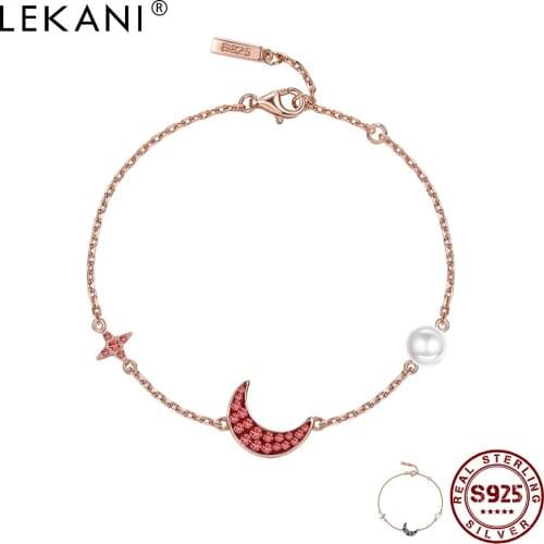 LEKANI 925 Sterling Silver Star Moon Charm Bracelet For Women Sparkling Crystal Zircon Rose Gold Bracelets Fine Jewelry Gift