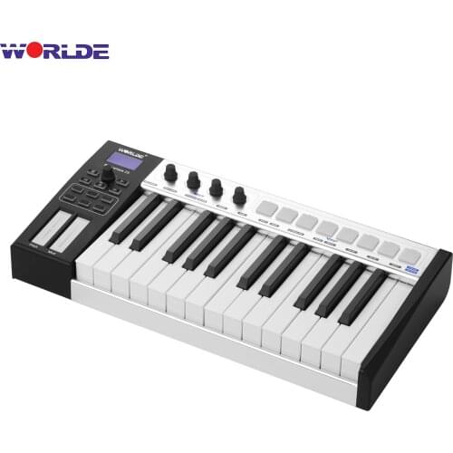 WORLDE Blue whale 25 Portable USB MIDI Controller Keyboard 25 Semi-weighted Keys Trigger Pads LED Display with USB Cable