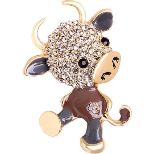 PICKYZ New Rhinestone Bull Brooches For Women Zodiac Calf Brooch Pin Year Animal Brooch 3 Color Available