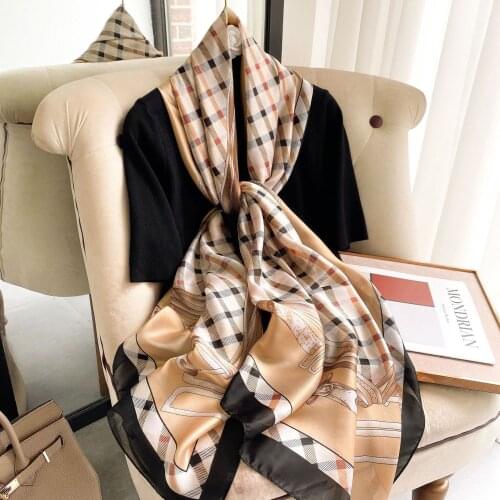 Fashion Imitation Silk Woman Shawl Spring Autumn Long Thin Scarf Luxury Plaid Printing Soft Skin-Friendly Sunscreen 180cm*90cm