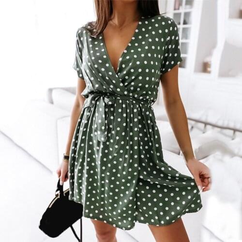 Polka Dot Print Dress Ladies 2021 Summer Short Sleeve Sexy V-Neck Green Mini Dreeses For Women Casual Belt Boho Beach Dress