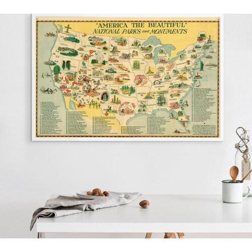 Vintage National Parks and Monuments Map Poster Canvas Painting USA 50 States Symbols Art Prints Wall Picture Home Room Decor