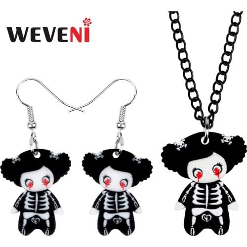 WEVENI Acrylic Halloween Anime Skull Doll Jewelry Sets Print Long Necklace Earrings For Women Girl Kid Classic Gifts Accessories