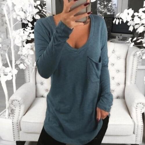 Sexy Women Solid Color Deep V Long Sleeve Top Front Pocket Loose Tunic T-shirt Tops Tees Women Casual Autumn Streetwear
