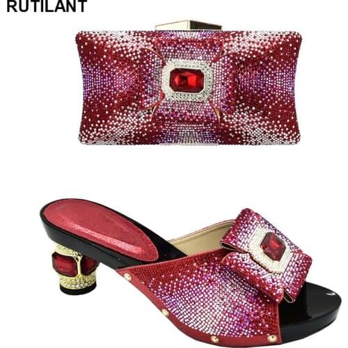 Ladies Italian Shoes and Bag Set Decorated with Rhinestone Shoes and Bags To Match Italy High Heels Women Wedding Party Shoes