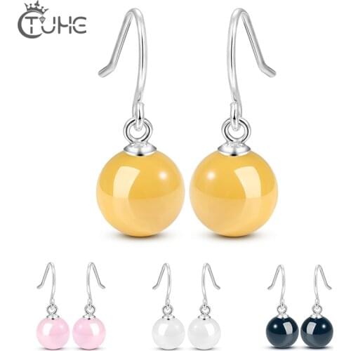 4pcs/Set Colorful 925 Sterling Ear Hook Round Ceramic Drop Earrings For Women Hanging Dangle Earring Wedding Summer Jewelry