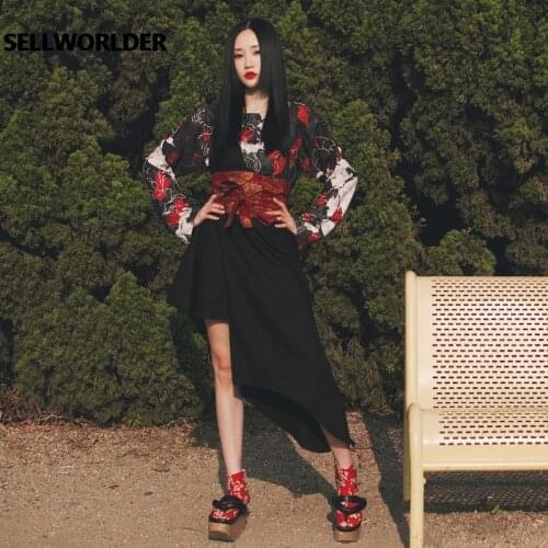 Woman Japanese Kimono Style 2021 NEW Spring Red butterfly and white leaves print Asymmetry slash neck Irregular dress