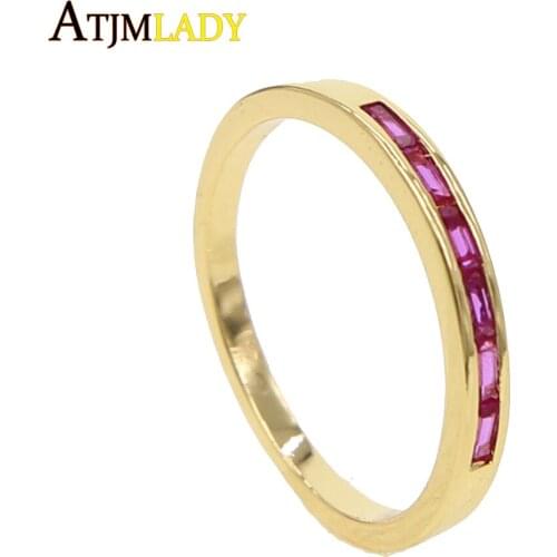 Delicate tiny baguette red cubic zirconia stack stacking rings for girl women gold color simple engagement band cz thin ring
