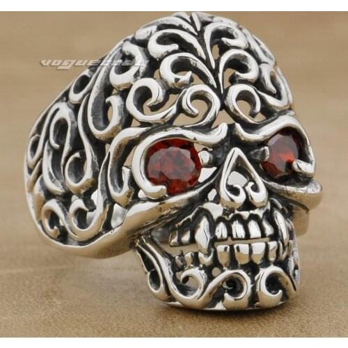 925 Sterling Silver Flourish Swirls Skull Red CZ Stone Mens Biker Rock Punk Ring 9G002