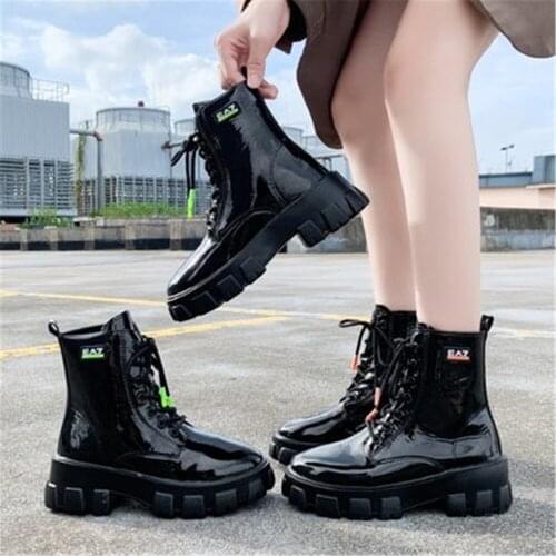 Autumn Lace-Up Leather Fashion Booties Female Sneakers Round Toe Ankle Boots For Women Comfortable Rubber Platform Shoes Black