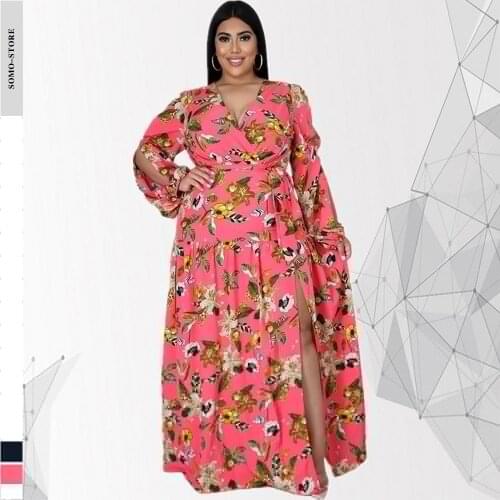 Long Dresses Elegant Womens Cardigan Temperament Commuter High Waist Print Split Fork Plus Size Dress Wholesale Dropshipping