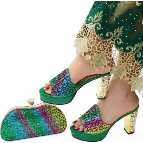Doershow African new coming Italian Shoes And Bag Sets For Evening Party With Stones green Italian Handbags Match Bags! HBA1-13