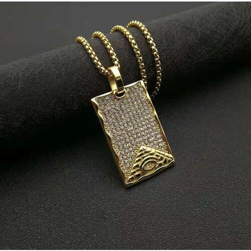 Egyptian Egypt Pyramid All-Seeing Evil Eye Charm Pendant Men Gold color with rhinestone Necklace Geometric Triangle Collier Male