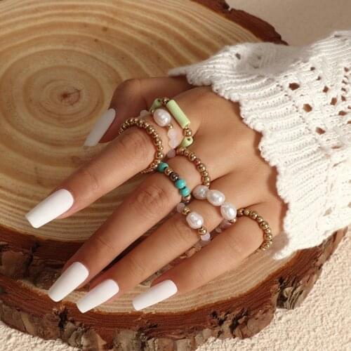 8PCS Gold Color Elastic Rings For Women Simple Personality Bohemian Adjustable Finger Jewelry Simulated Pearl Bead Ring Jewelry