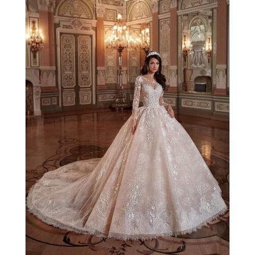 Custom Made Champagne Regular Long Sleeve Wedding Dresses Beading Lace Princess Bridal Gowns