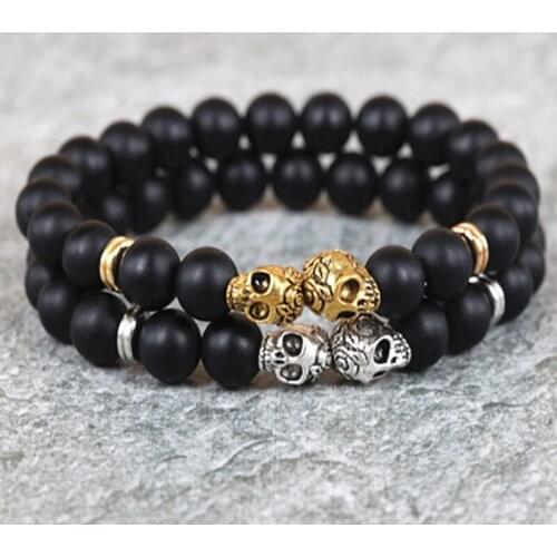 KEJIALAI 1pcs 2018 New Fashion 8mm Bead Bracelet Gold/Silver Color Skull Head Natural Matte Black Stone Men Beads Bracelet A0298