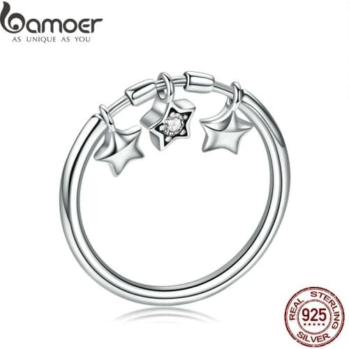 BAMOER 100% 925 Sterling Silver Fashion Sparkling Dangle Star Finger Rings for Women Wedding Engagement Ring Jewelry SCR406