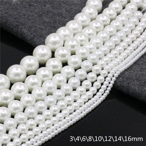 Wholesale 3/4/6/8/10/12/14/16mm White Shell Pearl Round Loose Beads For Jewelry Making Choker big hole Diy Bracelet Jewellery