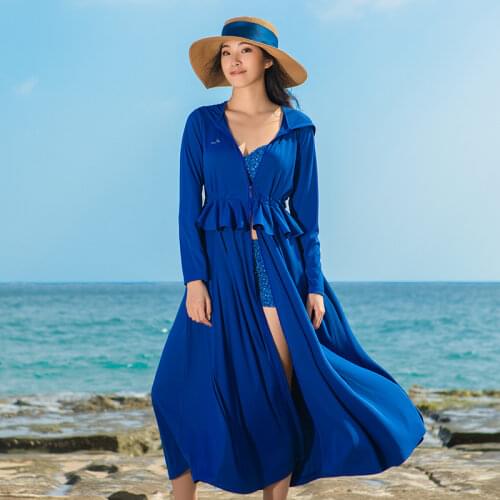 OhSunny Summer Fashion Sunscreen Sun Protection Long Coat Hooded Washable Ruffles Adjustable Waist Beach Anti-UV Dress For Women