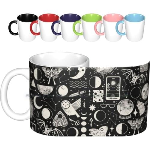 Lunar Pattern : Ceramic Mugs Coffee Cups Milk Tea Mug Moon Lunar Luna Stars Rabbit Moth Wolf Tarot Bat Ouija Spooky Witch