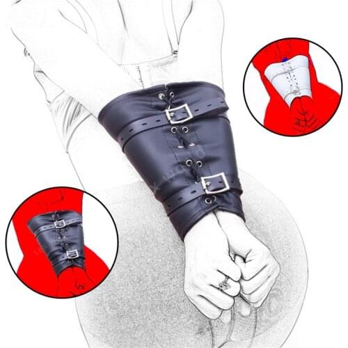 BDSM Armbinder Wrist Cuffs Restraints Soft Black / White PU Leather Back Bondage Restraint Hand Cuffs Arm Binder Strap Costume