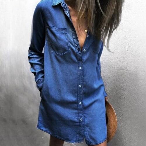 Fashion Womens Turn Down Collar Long Sleeve Blue Denim Dress Ladies Summer Casual Buttons Jean Dresses Loose Tops Mini Dress
