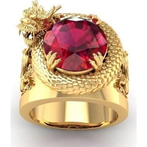 Vintage Mens Cute Color Ring Dragon Ring Red Gem Ring Hip Hop Punk Motorcycle Party Ring Cocktail Party Jewelry